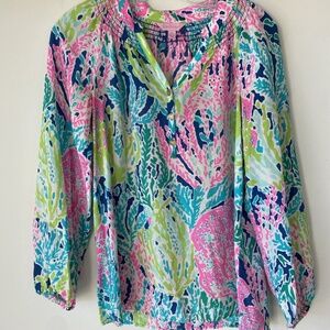 Lilly Pulitzer Womens Elsa Coral Lover Blouse Multicolor Silk Long Sleeves XS